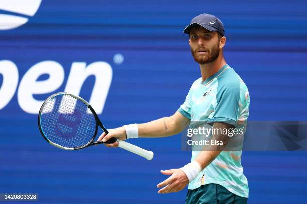 Corentin Moutet of France reacts against Casper Ruud of Norway during their Men's Singles Fourth Round match on Day Seven of the 2022 US Open at USTA...