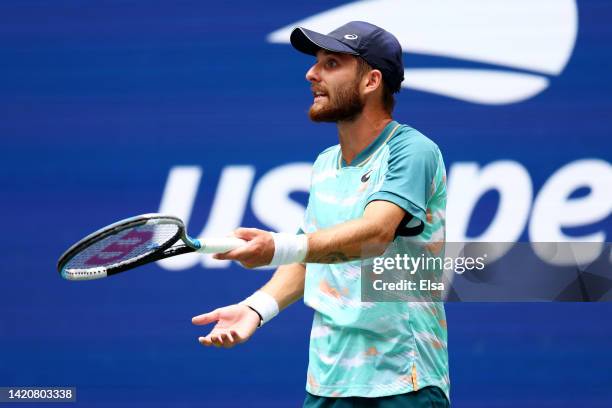 Corentin Moutet of France reacts against Casper Ruud of Norway during their Men's Singles Fourth Round match on Day Seven of the 2022 US Open at USTA...