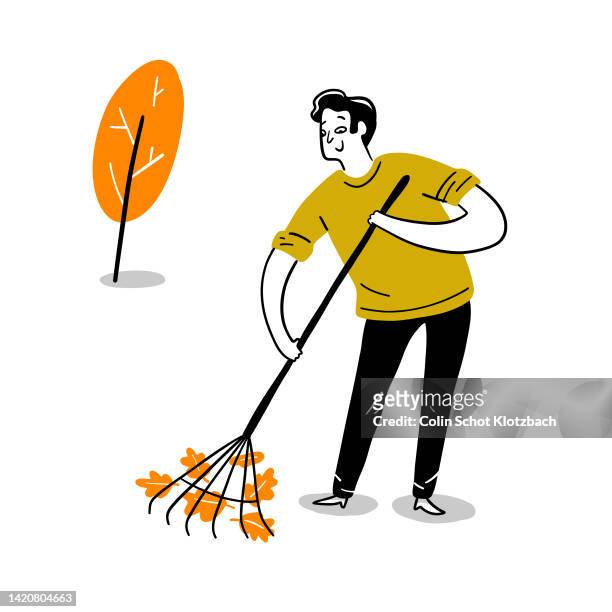 cartoon man raking leaves - raking leaves stock illustrations
