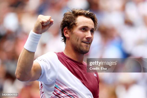 Casper Ruud of Norway reacts to match point against Corentin Moutet of France during their Men's Singles Fourth Round match on Day Seven of the 2022...