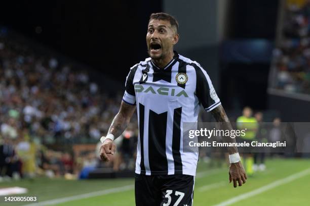 Roberto Pereyra of Udinese Calcio reacts during the Serie A match between Udinese Calcio and AS Roma at Dacia Arena on September 04, 2022 in Udine,...