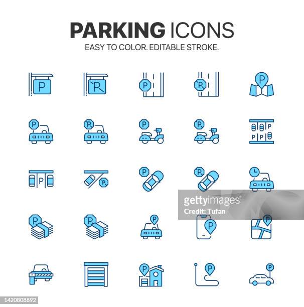 ilustrações de stock, clip art, desenhos animados e ícones de car parking icon set. easy to color. paid parking and private entry line icons. garage and car-park symbol vector sign - parking meter