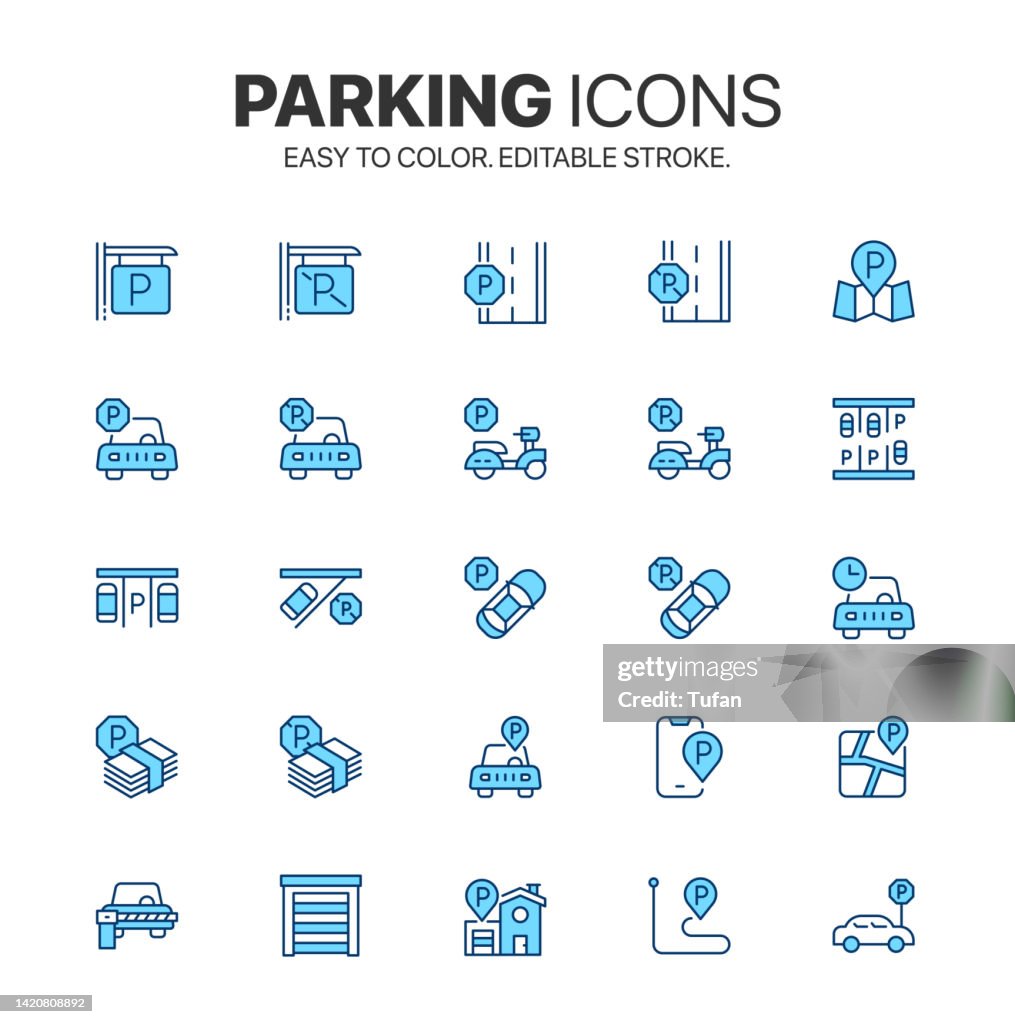 Car Parking icon set. Easy to color. Paid Parking and Private Entry line icons. Garage and Car-Park symbol vector sign