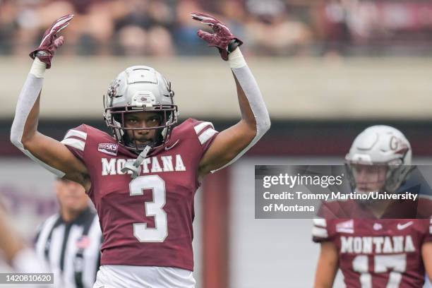 TraJon Cotton of the Montana Grizzlies amps up the crowd in the during a college football game against Northwestern State at Washington-Grizzly...