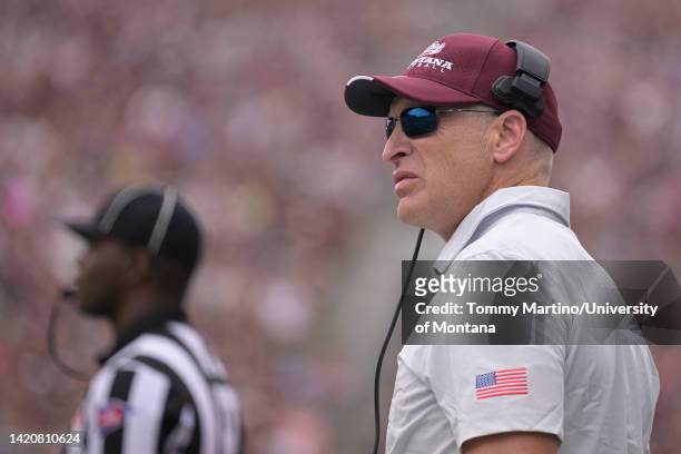 Head coach Bobby Hauck of the Montana Grizzlies looks on during a college football game against Northwestern State at Washington-Grizzly Stadium on...