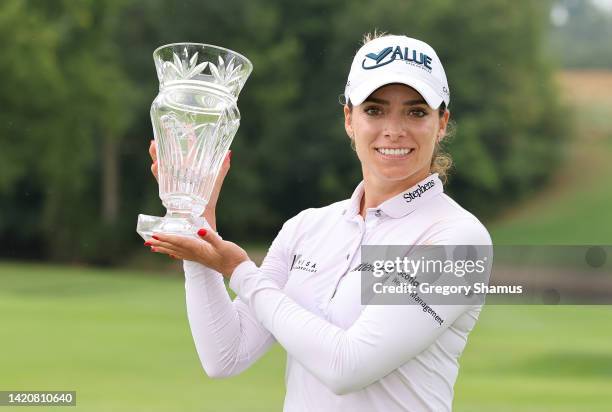 Gaby Lopez of Mexico poses with the trophy after winning the Dana Open presented by Marathon at Highland Meadows Golf Club on September 04, 2022 in...