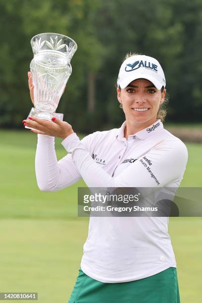 Gaby Lopez of Mexico poses with the trophy after winning the Dana Open presented by Marathon at Highland Meadows Golf Club on September 04, 2022 in...