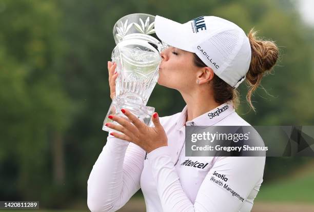 Gaby Lopez of Mexico kisses the trophy after winning the Dana Open presented by Marathon at Highland Meadows Golf Club on September 04, 2022 in...