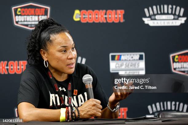 Dawn Staley, University of South Carolina Women's Basketball Head Coach speaks to the media during a press conference prior to the NASCAR Cup Series...