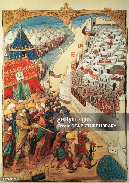 Troops of Sultan Mohammed II laying seige to Constantinople in 1453, miniature, Turkey 15th Century.
