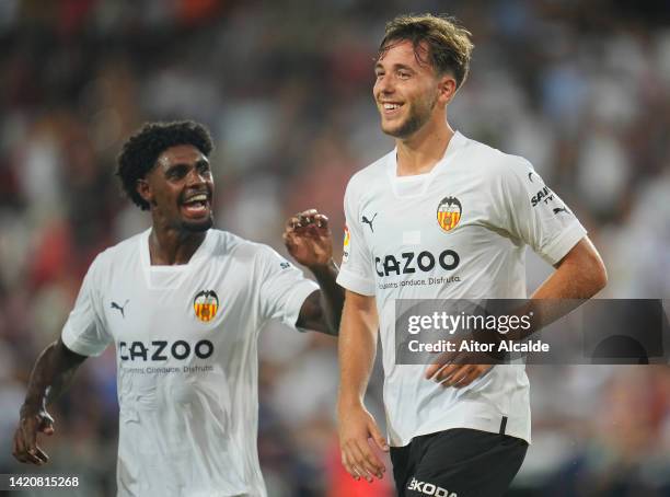Nico Gonzalez of Valencia CF celebrates after scoring their team's fourth goal during the LaLiga Santander match between Valencia CF and Getafe CF at...