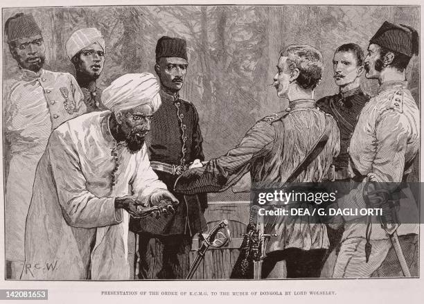 Lord Wolseley's expedition on the Nile: Presentation of the Order of KCMG to the Dunqulah governor , engraving from Illustrated London News, December...