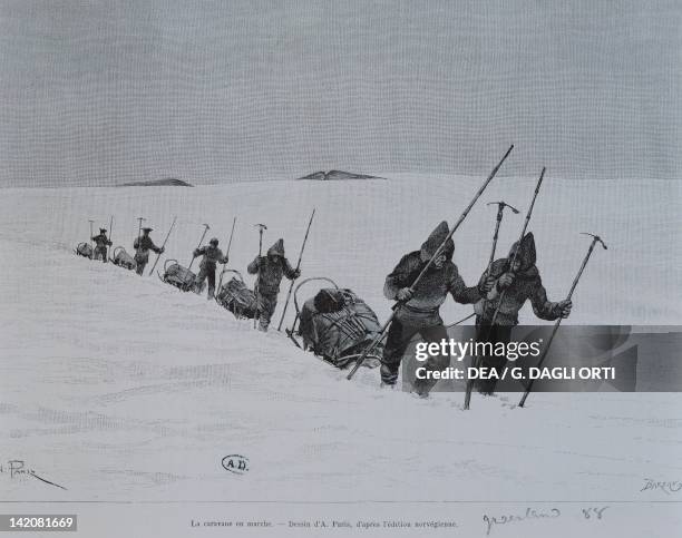 Marching on the ice during the Norwegian expedition in Greenland engraving.