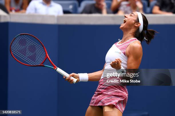 Caroline Garcia of France celebrates match point against Alison Riske-Amritraj of the United States during their Women's Singles Fourth Round match...