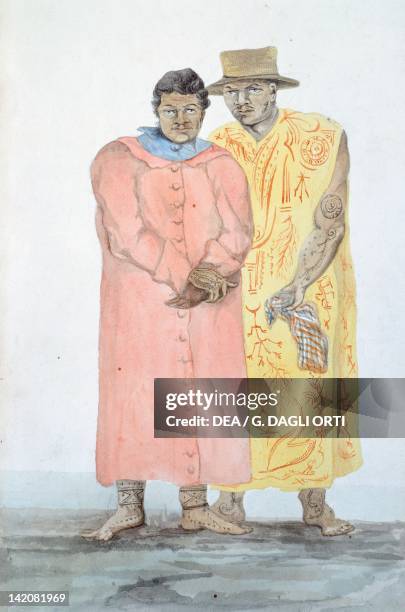 The two kings of Bora Bora, by L.F. Lejeune from the Journey of Louis I. Duperrey , Polynesia 19th century. Watercolour.