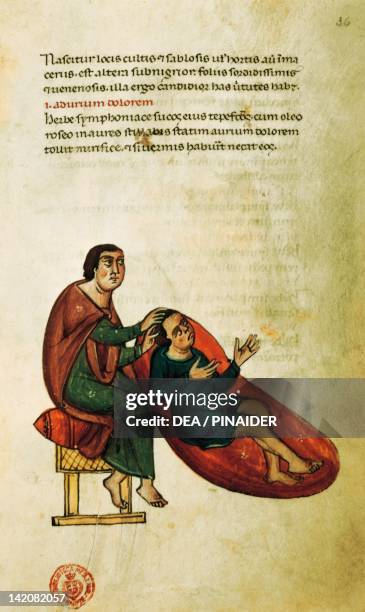 Treating illness, miniature from a treatise by Hippocrates of Kos, Latin manuscript, Sicilian Code Plut 73 16 C 48, 13th Century.