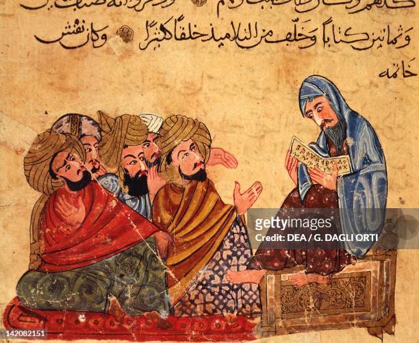 Socrates discussng philosophy with his disciples, Arabic miniature from a manuscript, Turkey 13th Century.