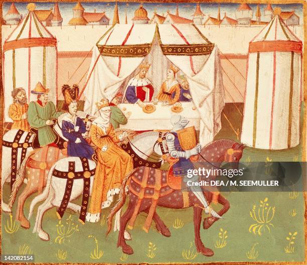 King Arthur feast in Camelot: the arrival of the knights, miniature from Roman de Tristan by Thomas of Britain, manuscript, France 15th Century.