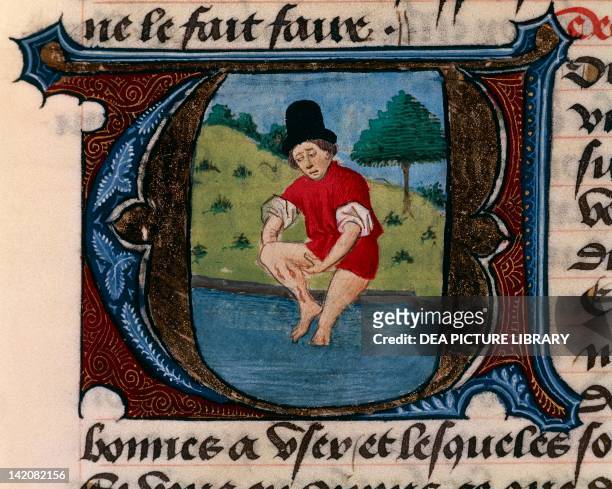 Illuminated initial capital letter with a man applying leeches, miniature from the Treaty of Medicine by Aldebrande of Florence, manuscript Italy...