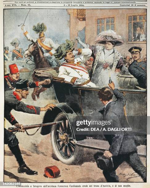 Assassination of Archduke Franz Ferdinand, heir to the Austrian throne, and his wife. Illustrator Achille Beltrame , from La Domenica del Corriere,...