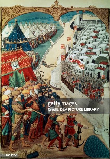 Troops of Sultan Mohammed II laying seige to Constantinople in 1453, miniature, Turkey 15th Century.