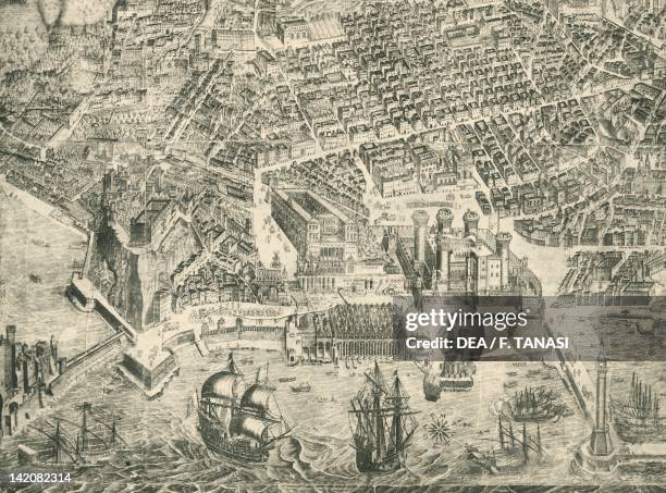 View of Naples and Castel Nuovo , by Alessandro Baratta. Italy 17th Century. Engraving.