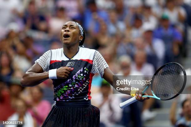 Coco Gauff of the United States reacts against Shuai Zhang of China during their Women's Singles Fourth Round match on Day Seven of the 2022 US Open...