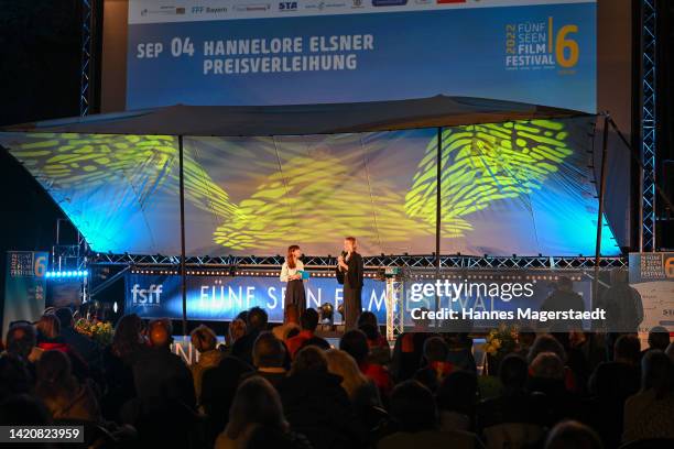 Katja Engelhardt and Sandra Hueller during the Hannelore-Elsner-Award during the Fünf Seen Film Festival at Seebad Starnberg on September 04, 2022 in...