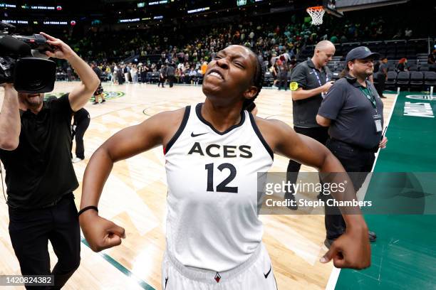 Chelsea Gray of the Las Vegas Aces reacts after beating the Seattle Storm 110-98 in Game Three of the 2022 WNBA Playoffs semifinals at Climate Pledge...