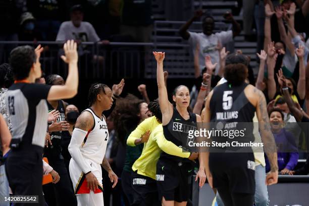 Sue Bird of the Seattle Storm scores a three-point basket against the Las Vegas Aces during the fourth quarter of Game Three of the 2022 WNBA...