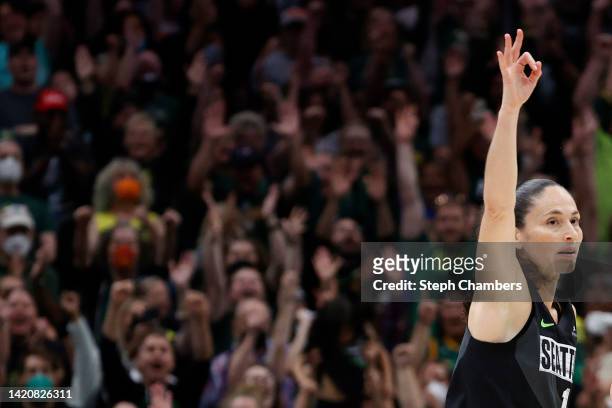 Sue Bird of the Seattle Storm reacts against the Las Vegas Aces during the fourth quarter of Game Three of the 2022 WNBA Playoffs semifinals at...