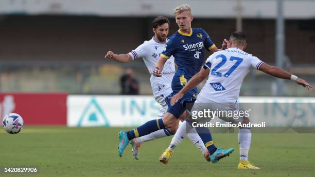 Josh Doig of Hellas Verona is challenged by Fabio Quagliarella of UC Sampdoria during the Serie A match between Hellas Verona and UC Sampdoria at...