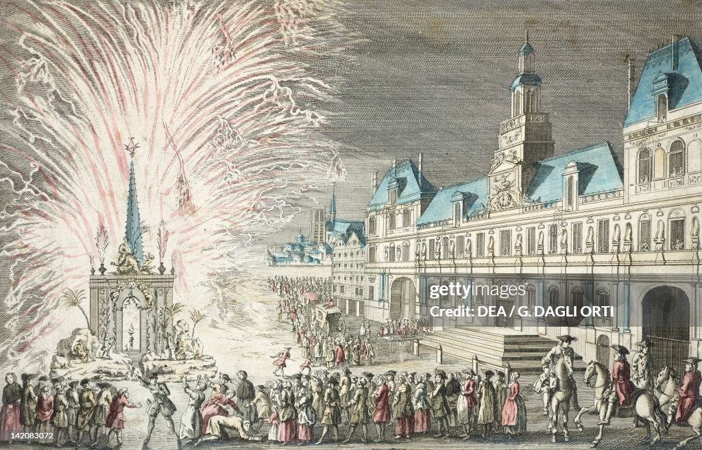 Fireworks outside City Hall in Paris