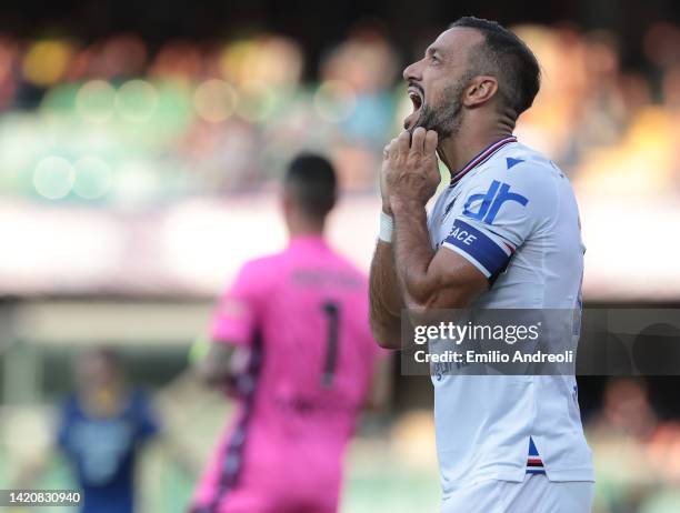 Fabio Quagliarella of UC Sampdoria reacts after misses a chance of a goal during the Serie A match between Hellas Verona and UC Sampdoria at Stadio...