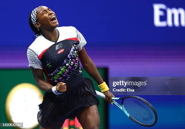 Coco Gauff of the United States celebrates match point against Shuai Zhang of China during their Women's Singles Fourth Round match on Day Seven of...