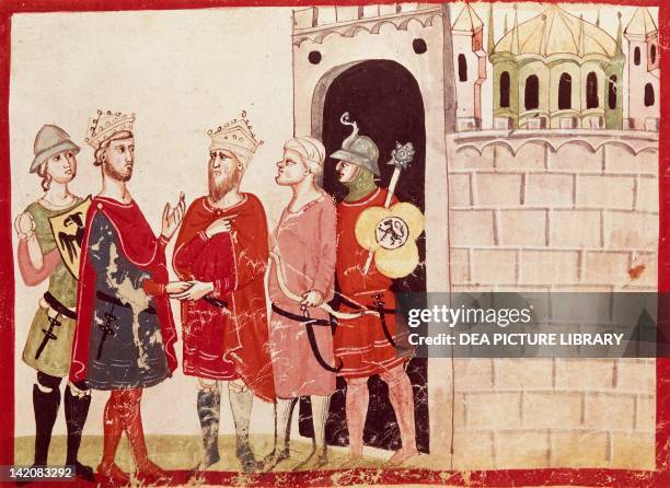 Frederick II reaching an agreement with the Sultan of Jerusalem, miniature from the Chronicles of Giovanni Villani, manuscript, Italy 14th Century.