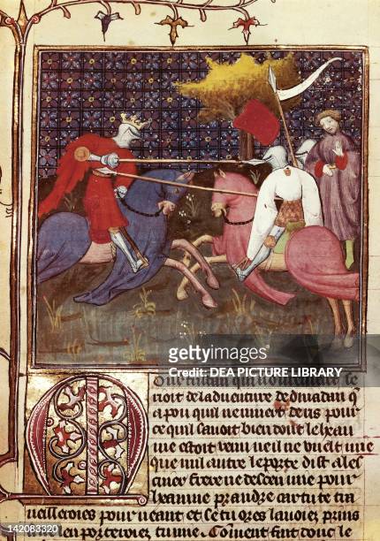 The round table: scene with knights, miniature, France 12th-13th Century.