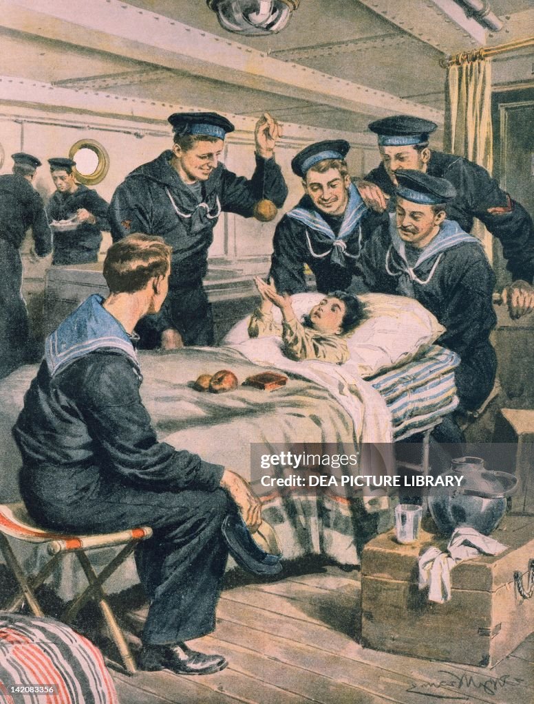 Earthquake in Messina: A child being saved by the navy from the ruins and transported by ship. Illustrator Achille Beltrame (1871-1945), from La Domenica del Corriere, 28th December 1908. (Photo by DeAgostini/Getty Images)