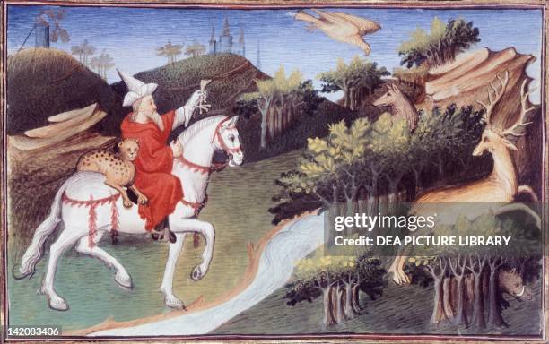 Kublai Khan hunting, miniature from Livre des merveilles du monde by Marco Polo and Rustichello, France 15th Century.