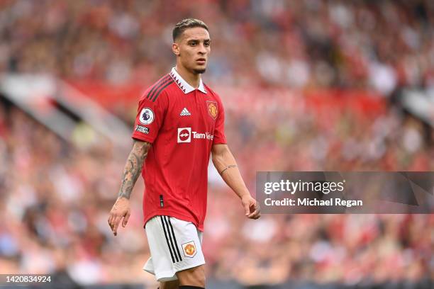 Antony of Manchester United in action during the Premier League match between Manchester United and Arsenal FC at Old Trafford on September 04, 2022...
