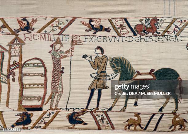 William the Conqueror in armour about to mount his horse before the Battle of Hastings, detail of Queen Mathilda's Tapestry or Bayeux Tapestry...