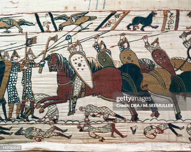 Queen Mathilda's Tapestry or Bayeux Tapestry depicting Norman conquest of England in 1066, detail. France, 11th century.