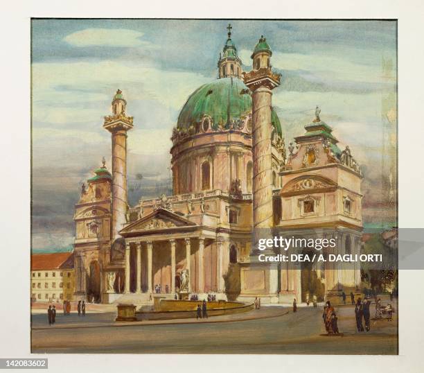 Karlskirche in Vienna Austria 19th Century. Watercolour.