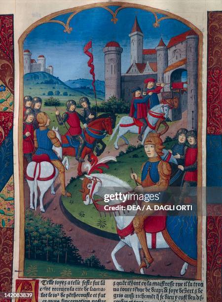 Soldiers arrriving at the Palace in Camelot, miniature of Lancelot of the Lake, manuscript, France 15th Century.