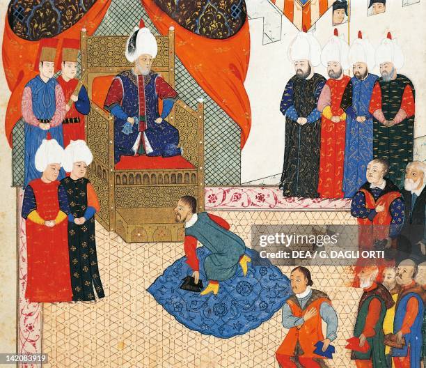 Suleiman the Magnificent receiving Sigismund, Prince of Transylvania and son of King John Zapolya, miniature from History of the Hungarian Campaign...
