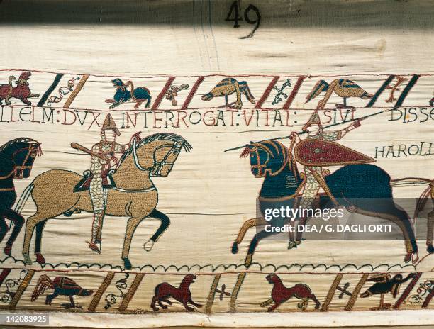 Knight Vital informs William on the approaching of Harold's army, detail of Queen Mathilda's Tapestry or Bayeux Tapestry depicting Norman conquest of...