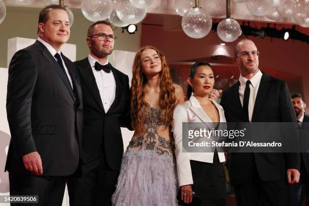Brendan Fraser, Samuel D. Hunter, Sadie Sink, Hong Chau and director Darren Aronofsky attend "The Whale" red carpet at the 79th Venice International...