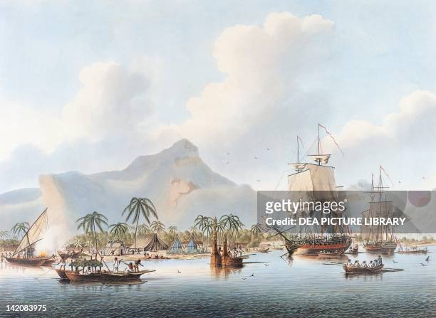 Cook's ships anchored in Huahine Bay during his third visit to Polynesia .