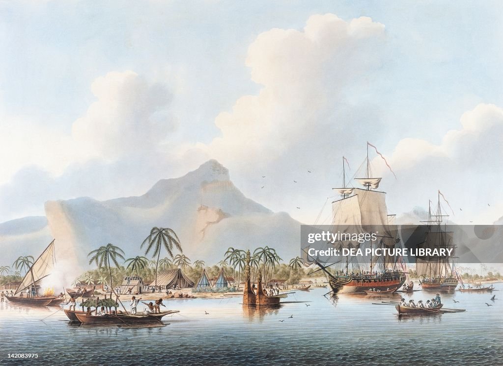Cook's ships anchored in Huahine Bay