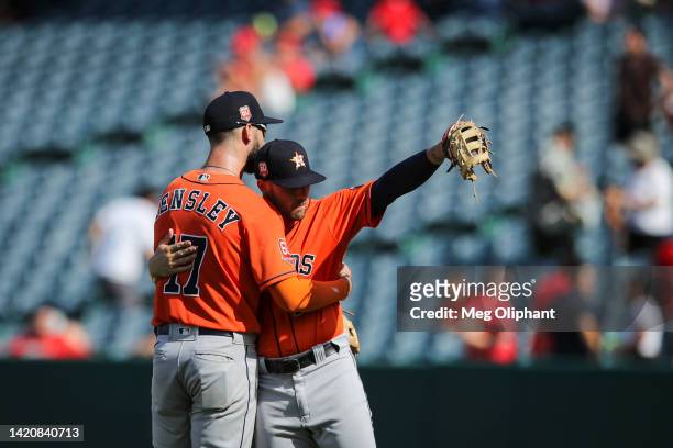 David Hensley and J.J. Matijevic of the Houston Astros celebrate their 9-1 win over the Los Angeles Angels at Angel Stadium of Anaheim on September...